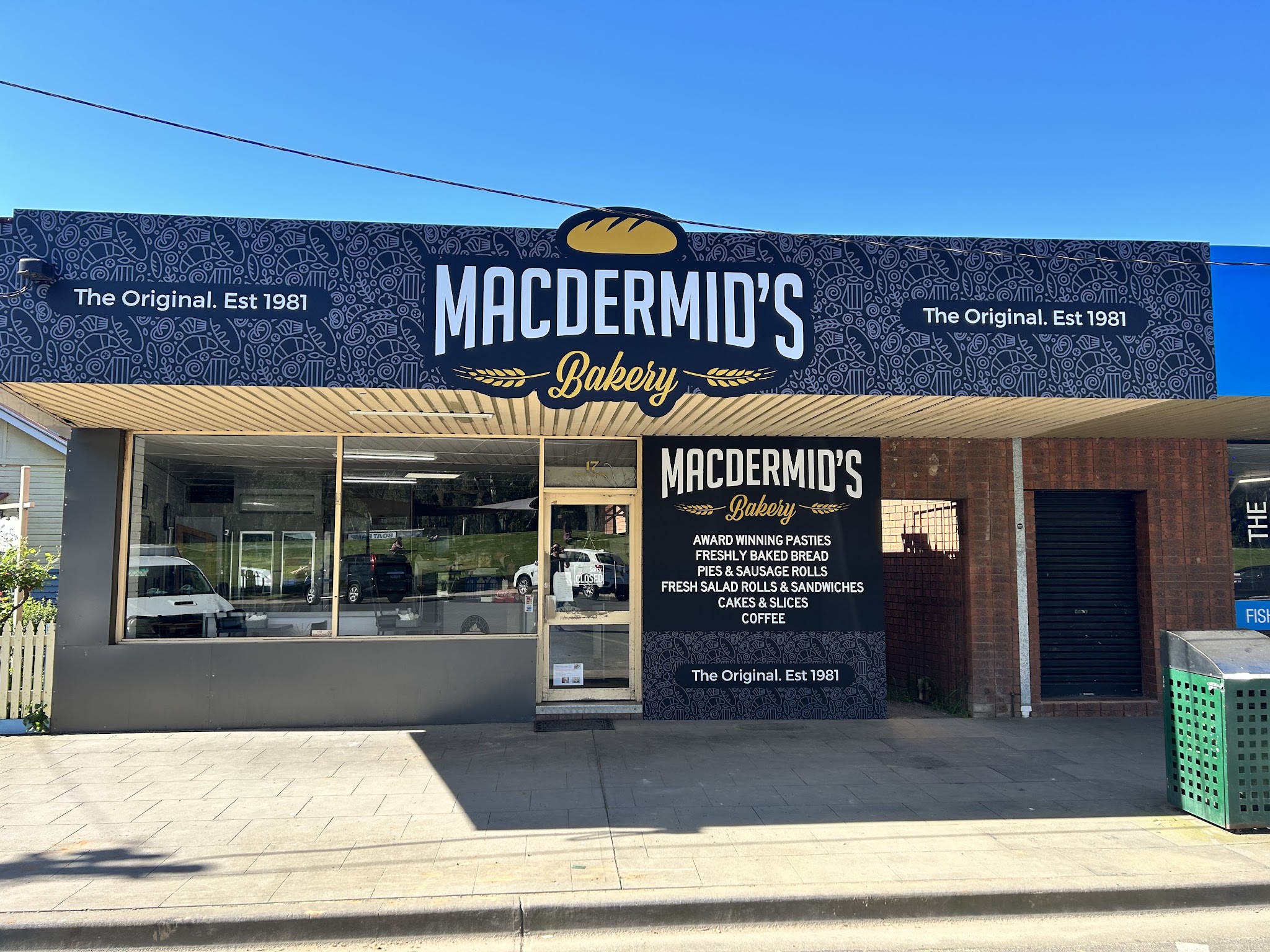 Macdermid's Bakery shopfront on Deniliquin Road, Tocumwal, with its signage for pasties, bread, pies and coffee